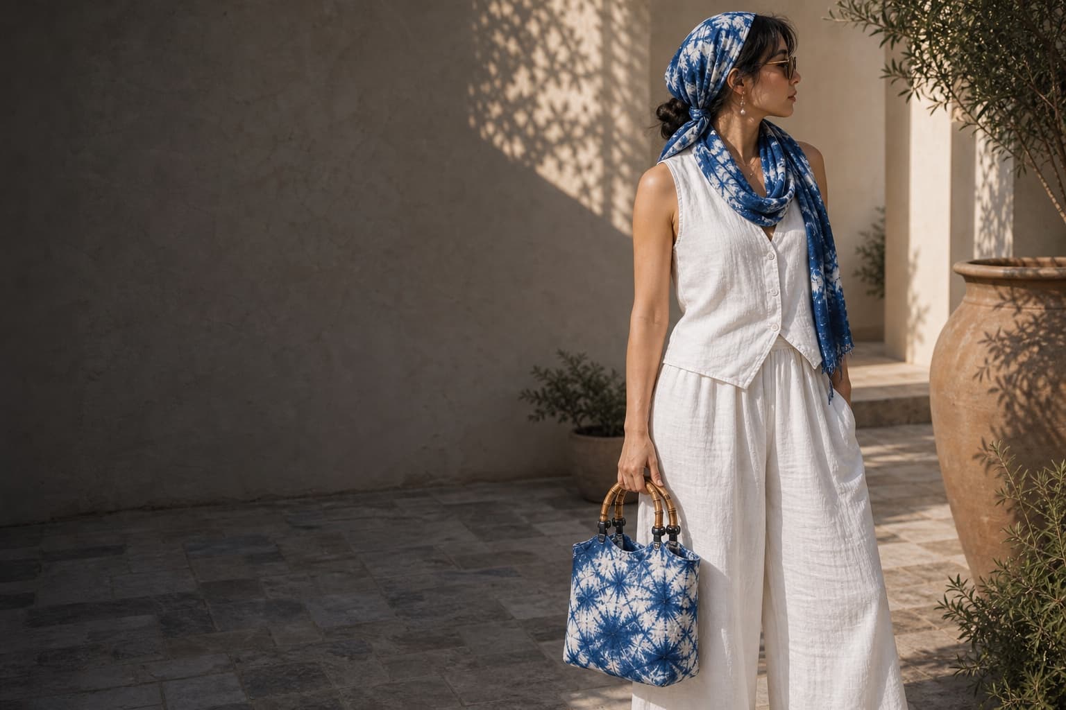 Woman standing in a sunlit courtyard with a natural indigo scarf and hand-carried bamboo-handle tie-dye handbag