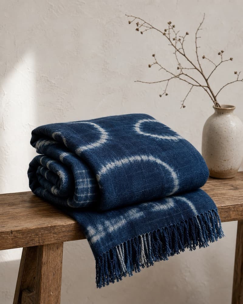 Large natural indigo throw folded on a wooden bench