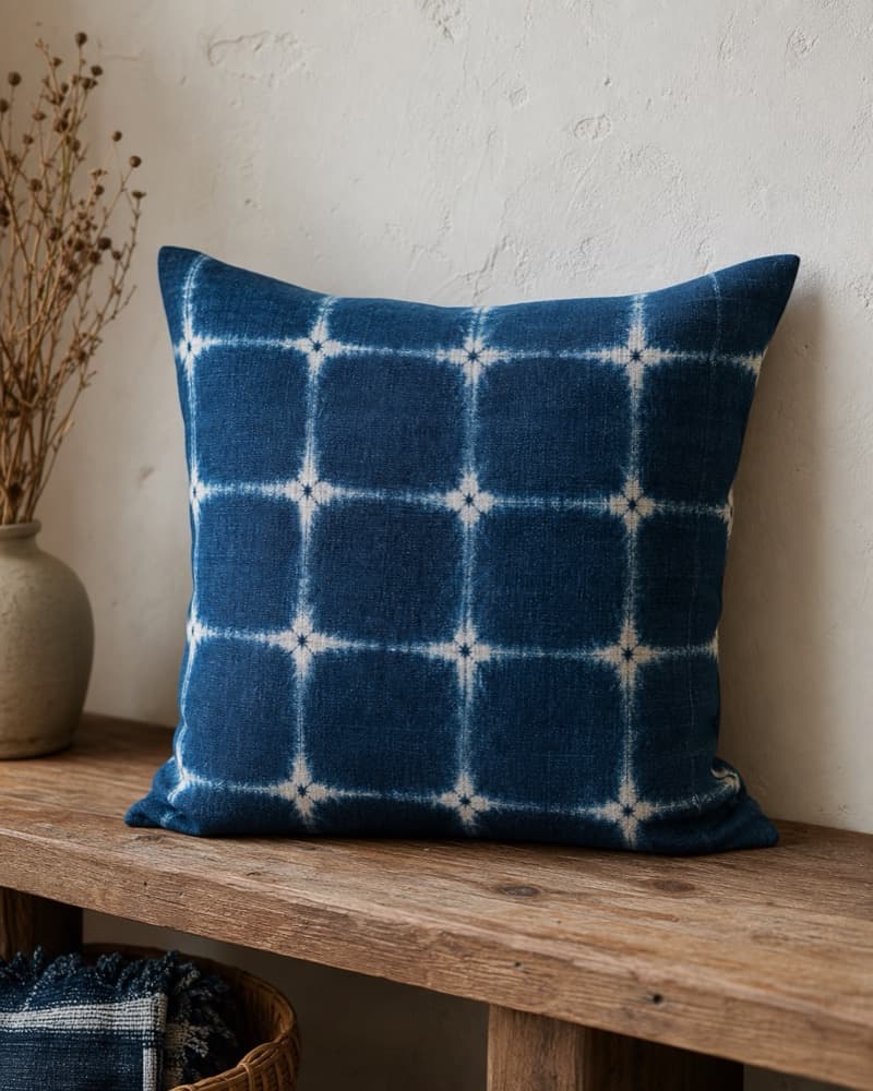 Natural indigo cushion cover with white grid resist pattern